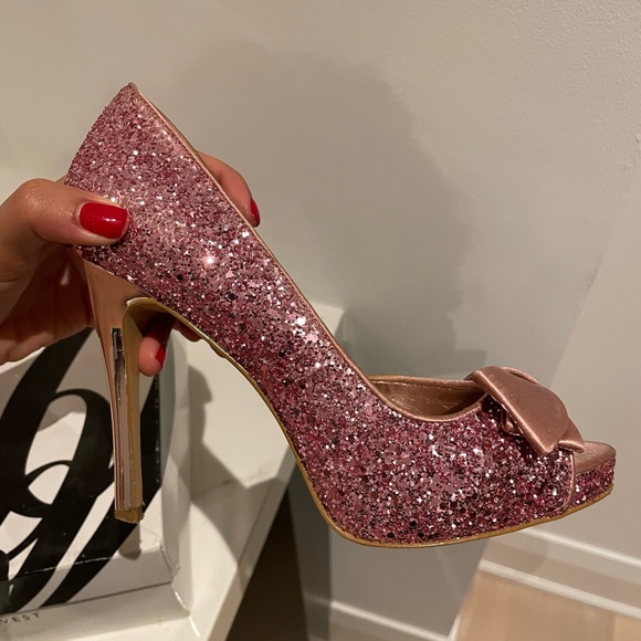 Nine West Pink sparkly peep toe heels with bow - Picture 11 of 16